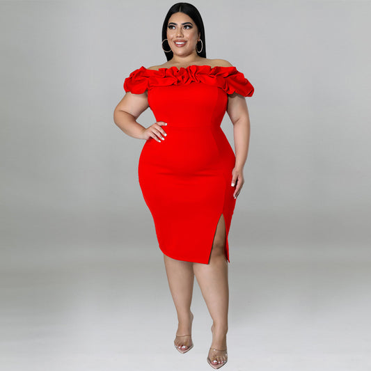 plus Size Women 2022 Summer Sexy Lotus Leaf Pile Collar Hip Wrapped Dress Dress