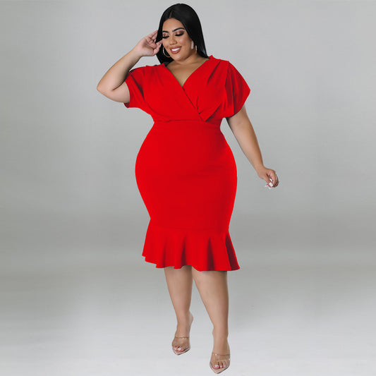 plus Size Women 2022 Summer Special V neck Solid Color Sheath Dress Dress