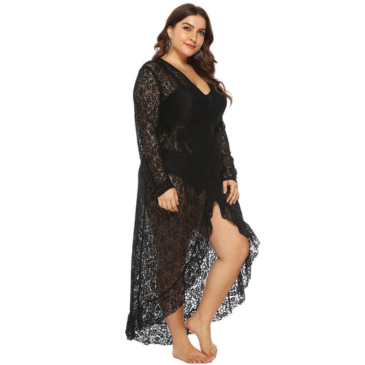 Women Clothing Sexy See-through Lace Deep V Irregular Ruffled Lace-up Beach Dress