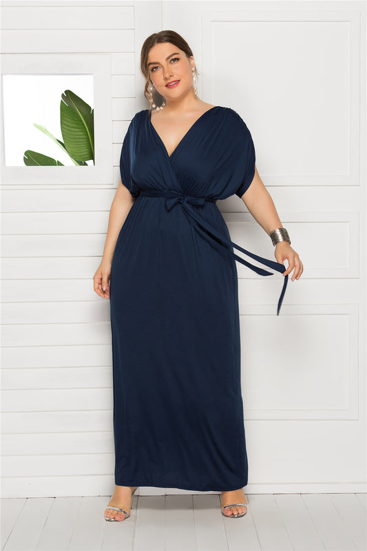 Plus Size Women Clothing Sexy Solid Color V-neck Loose Big Hem Dress