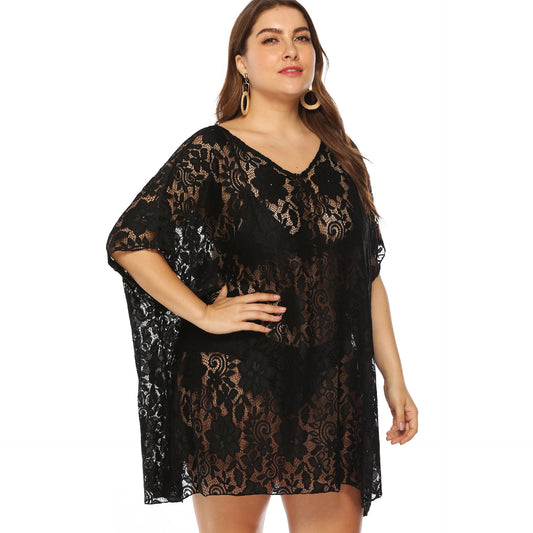 plus Size Women Clothing Sexy Lace Hollow Out Cutout See-through V-neck Split Beach Dress Cover up Female