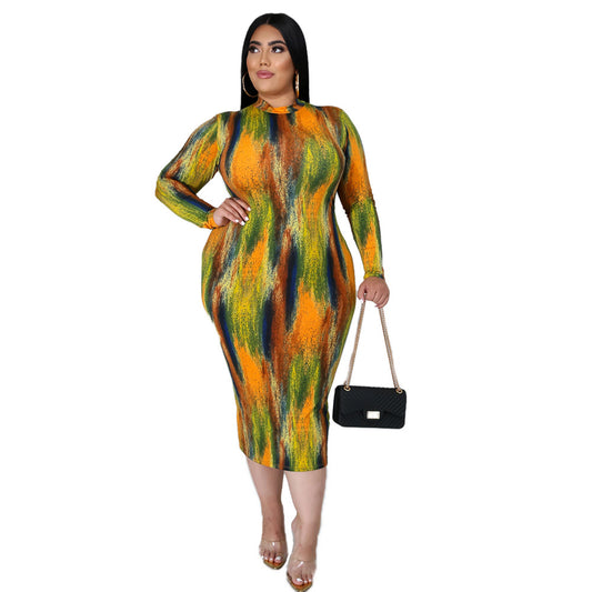 Style Sexy Women Wear Turtleneck Long Sleeve Slim Tie-Dye Printed Midi Dress for Women