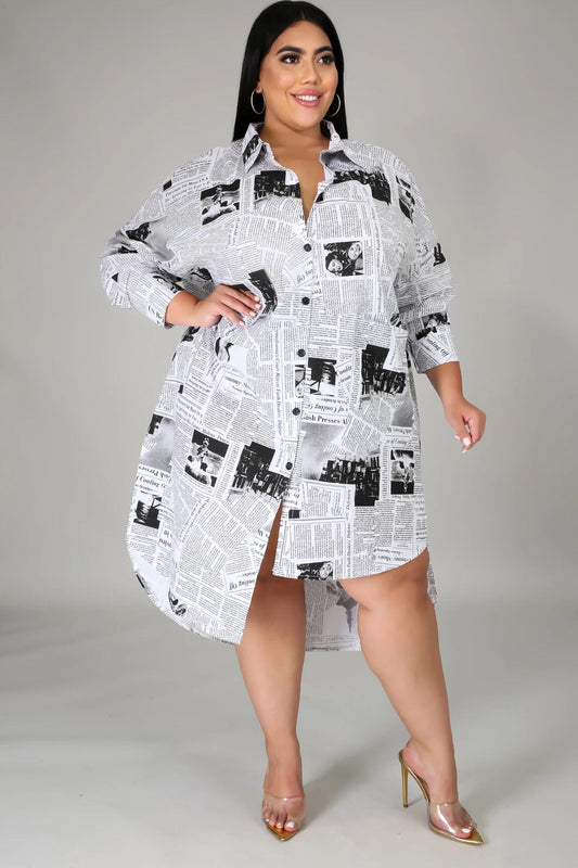 Fall/Winter Plus  Size Women Clothing Woman Lapel Newspaper Printing Irregular Women Shirt Dress