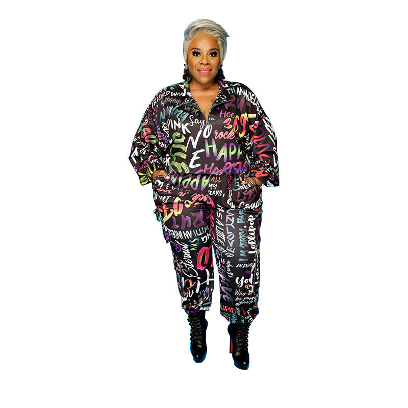 Plus Size Women Clothing Summer New Graffiti Printing Fashion Casual Set