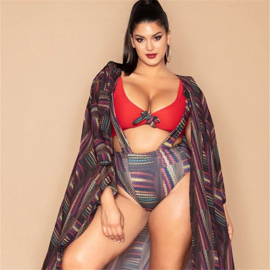 plus-Sized Split Swimsuit Printed High Waist Strap Swimsuit Beach Bikini Jacket Overclothes