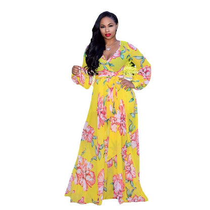 Summer New  Beach Chiffon Dress Floral Print  Fashion Large Swing Dress Women Dress Plus Size