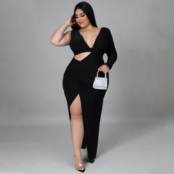 Women Clothing Spring Solid Color Single Sleeve Sexy Hollow Out Cutout Maxi Dress