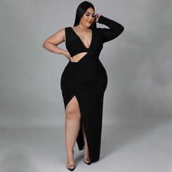 Women Clothing Spring Solid Color Single Sleeve Sexy Hollow Out Cutout Maxi Dress