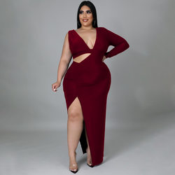 Women Clothing Spring Solid Color Single Sleeve Sexy Hollow Out Cutout Maxi Dress