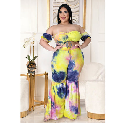 Fashion plus Size Women  Sexy Print Pleating Bandage Bell-Bottom Pants Suit