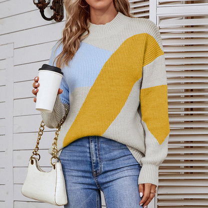 Half Turtleneck Contrast Color Women Knitted Sweater 2022 Autumn Winter Sweater for Women