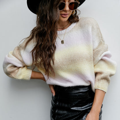 Women Clothing Gradient Color Knitted Top Sweater Lazy Style Long Sleeve Pullover Sweater