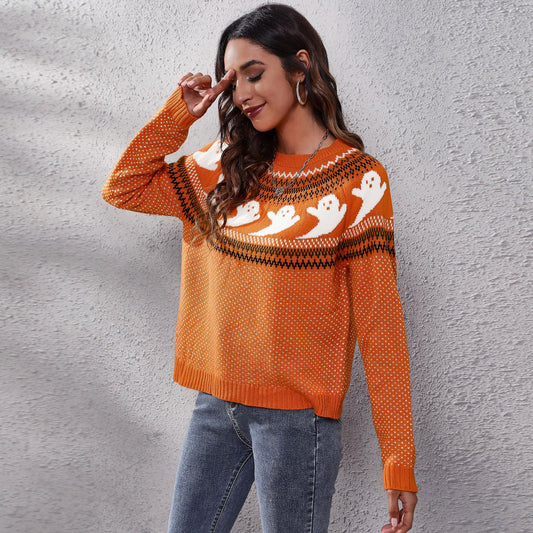 Ghost Skull Jacquard Retro Dots Long-Sleeved Knitted Sweater  Loose Autumn Winter Women