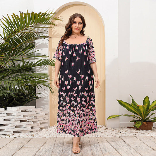 Plus Size Women Loose Home Wear Short Sleeve Dress Floral Print Maxi Dress