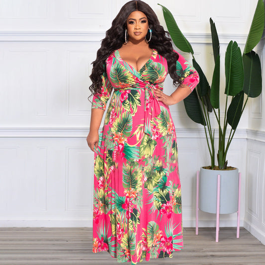 Summer  Women Floral Leaf Print Loose plus Size Dress with Belt