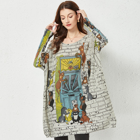 Cartoon Printed Sweater Women Loose Outer Wear Idle Style Temperament Top Mid-Length Bottoming Knitwear