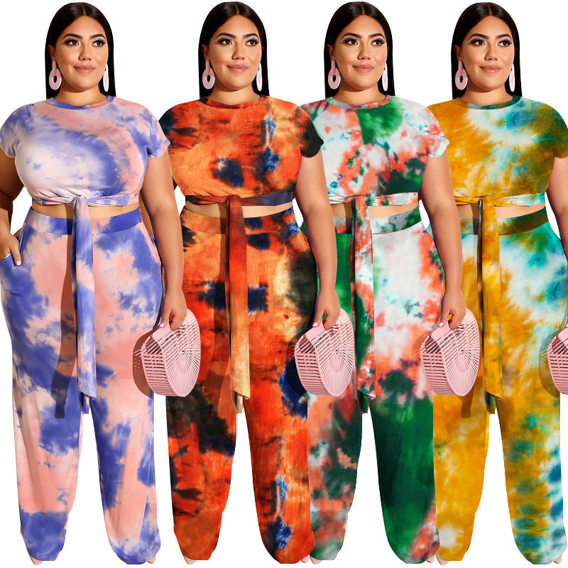 Tie-Dye Printed Lace up Casual Set plus Size Women Two-Piece Suit