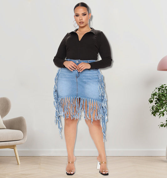 Plus Size Women Clothes Spring  Denim Skirt with Tassel