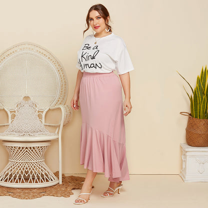 Plus Size Women Short Sleeve Letter Graphic Print T-shirt Top Solid Color Loose Pleated Skirt Casual Two-Piece Suit