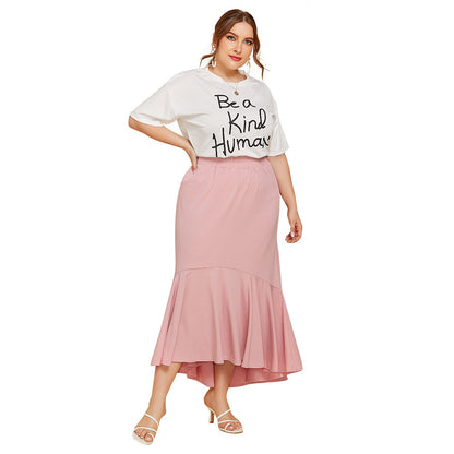 Plus Size Women Short Sleeve Letter Graphic Print T-shirt Top Solid Color Loose Pleated Skirt Casual Two-Piece Suit