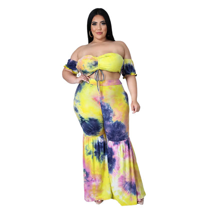 Fashion plus Size Women  Sexy Print Pleating Bandage Bell-Bottom Pants Suit