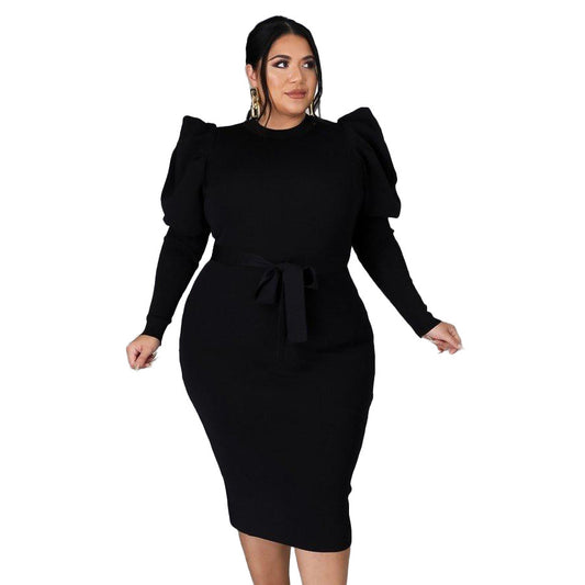 Women Clothing Long Sleeve Belt Slim Fit plus Size Dress