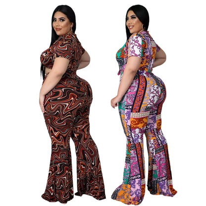 plus Size Women Nightclub Uniforms Printed Short Sleeve Bell-Bottom Pants Two-Piece Set