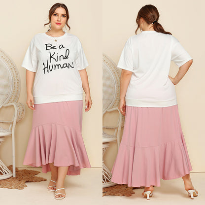 Plus Size Women Short Sleeve Letter Graphic Print T-shirt Top Solid Color Loose Pleated Skirt Casual Two-Piece Suit