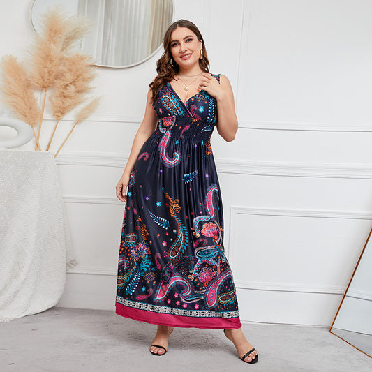 Plus Size Dress Deep V-neck Elastic Waist Plump Girls Cinched Slimming Maxi Dress