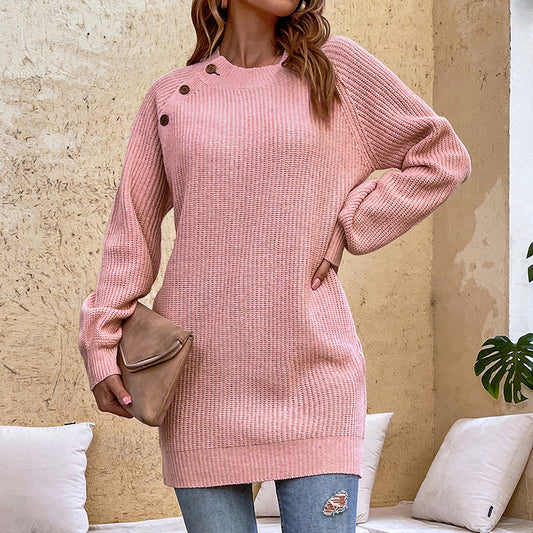 Solid Color Buttons Knitted Dress Women 2022 Autumn Winter Lantern Sleeve Sweater Women