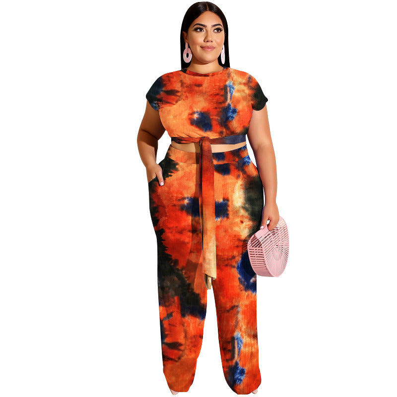 Tie-Dye Printed Lace up Casual Set plus Size Women Two-Piece Suit