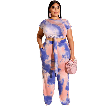 Tie-Dye Printed Lace up Casual Set plus Size Women Two-Piece Suit