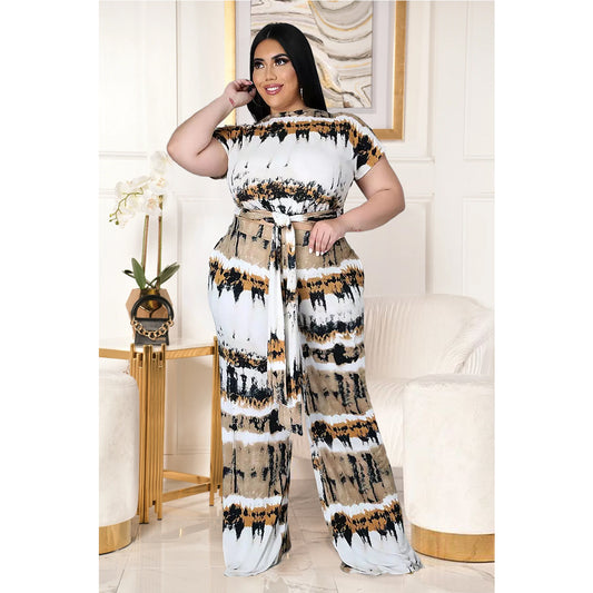 Plus Size Women  Clothes Printed Lace up Double Pocket Comfortable Wide Leg Pants Two-Piece Set