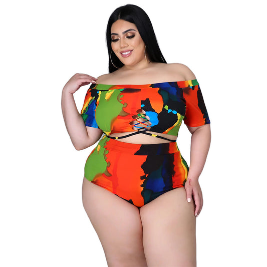 plus Size Women Sexy Print Strap off-Shoulder Swimsuit Suit