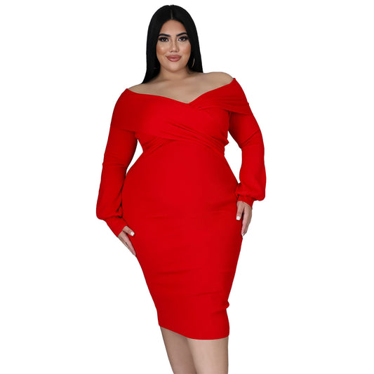 Woman plus Size Women V-neck Solid Color Midi Dress Sexy Dress