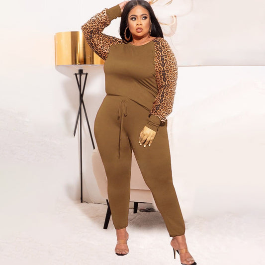 Leopard Print Contrast Color Fashion Casual Two-Piece Suit plus Size Women  Suit