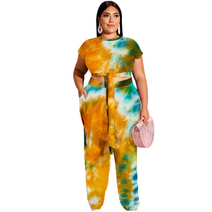 Tie-Dye Printed Lace up Casual Set plus Size Women Two-Piece Suit