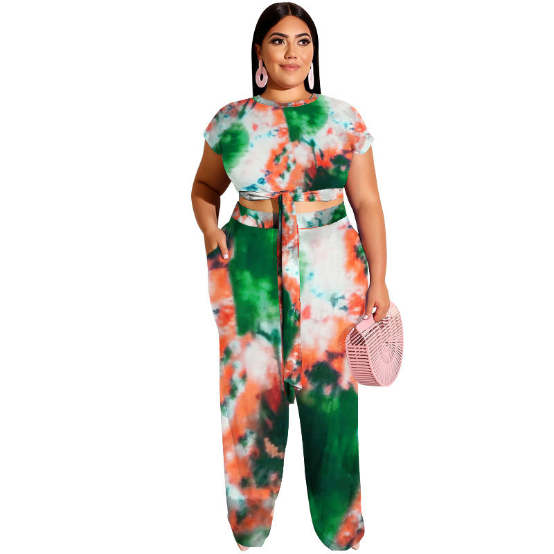 Tie-Dye Printed Lace up Casual Set plus Size Women Two-Piece Suit