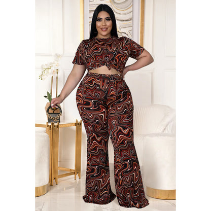 plus Size Women Nightclub Uniforms Printed Short Sleeve Bell-Bottom Pants Two-Piece Set