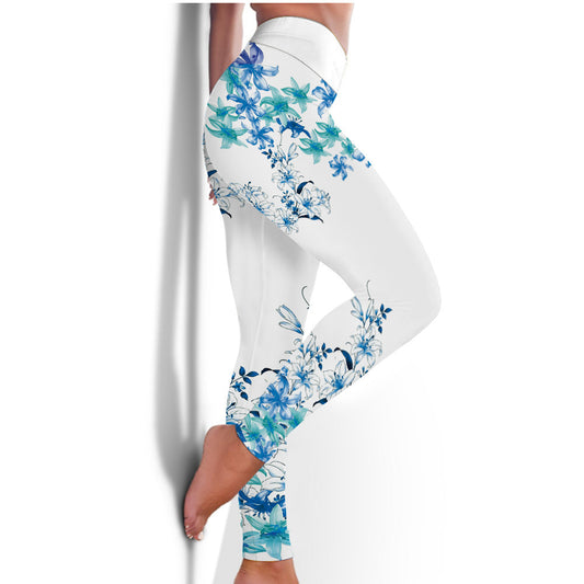 Sportswear Blue Floral Fitness Clothes High Elastic Hip Raise Skinny Trousers Yoga Clothes for Women