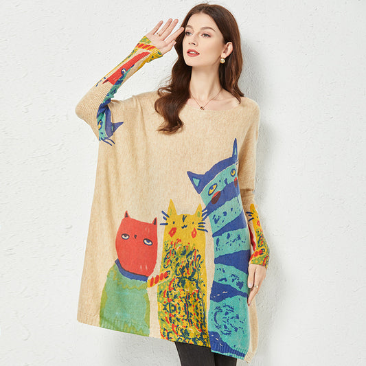 Spring 2022 Mid-Length Slimming Fashion Knitwear Simple Style Cat Printing Loose Sweater for Women