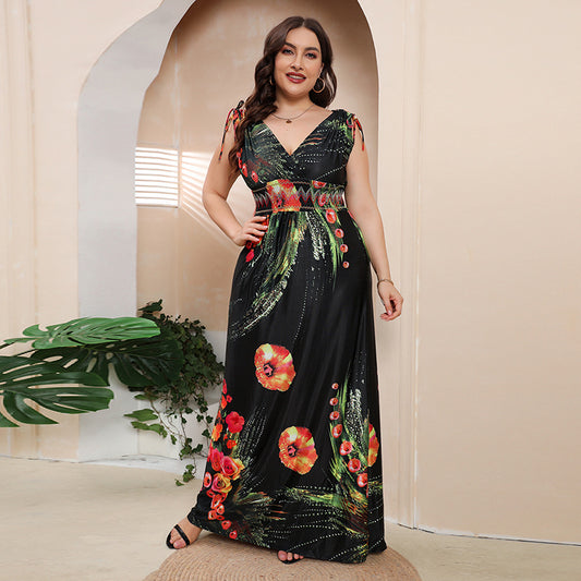 Girls plus Size Ice Silk Printed Dress Bohemian plus-Sized plus Size V neck Maxi Dress