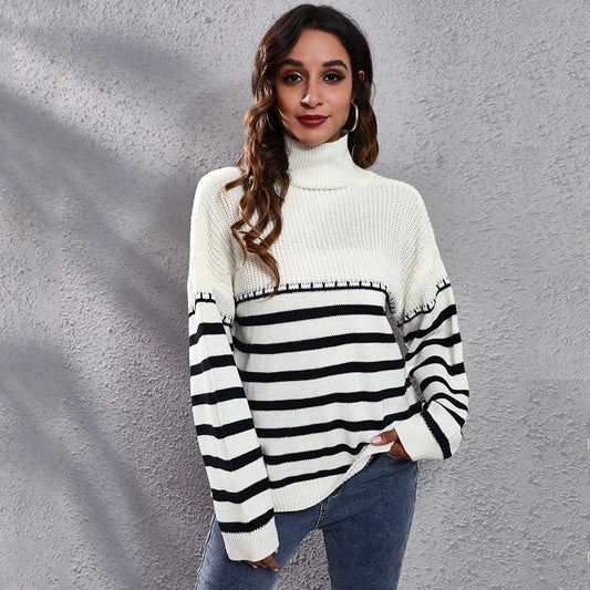 Big Brand  Same Style Striped Stitching Drop Shoulder Turtleneck Knitting Sweater Women  Loose Autumn Winter New Women  Clothing