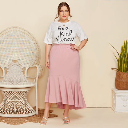 Plus Size Women Short Sleeve Letter Graphic Print T-shirt Top Solid Color Loose Pleated Skirt Casual Two-Piece Suit