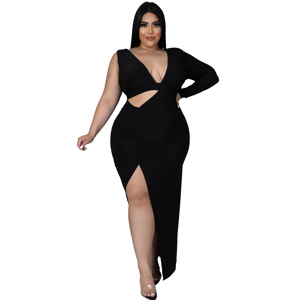 Women Clothing Spring Solid Color Single Sleeve Sexy Hollow Out Cutout Maxi Dress