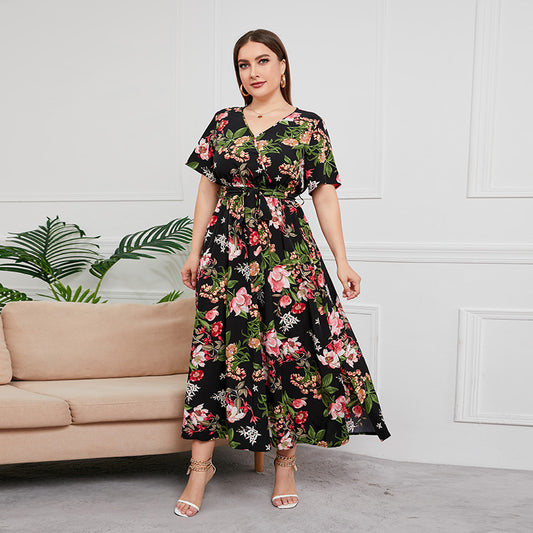 High Waist Western Style V-neck Midi Dress plus Size Temperament Printed Black Sexy Trendy Dress