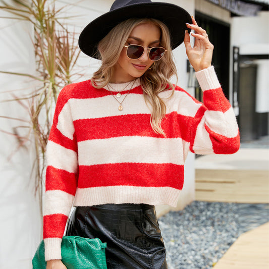 Autumn Winter Leisure Women Top Short round Neck Knitwear Outer Wear Striped Contrast Color Mohair Sweater