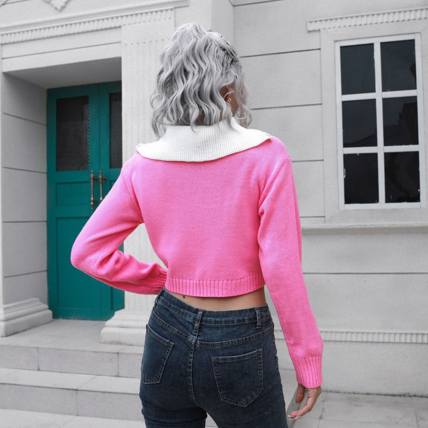 Celebrity Zipper Lapel Color Matching Short Sweater Women Loose Autumn Winter Long Sleeve Knitwear Sweater