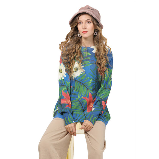 Autumn Winter Loose Pullover plus Size Printed Knitwear Floral Small Fresh Personality Top