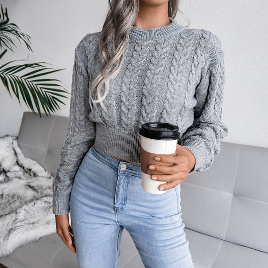 Autumn Winter 2022 Solid Color Twist Knitted Long Sleeve round Neck Cinched Waist Pullover Sexy Sexy Sweater for Women